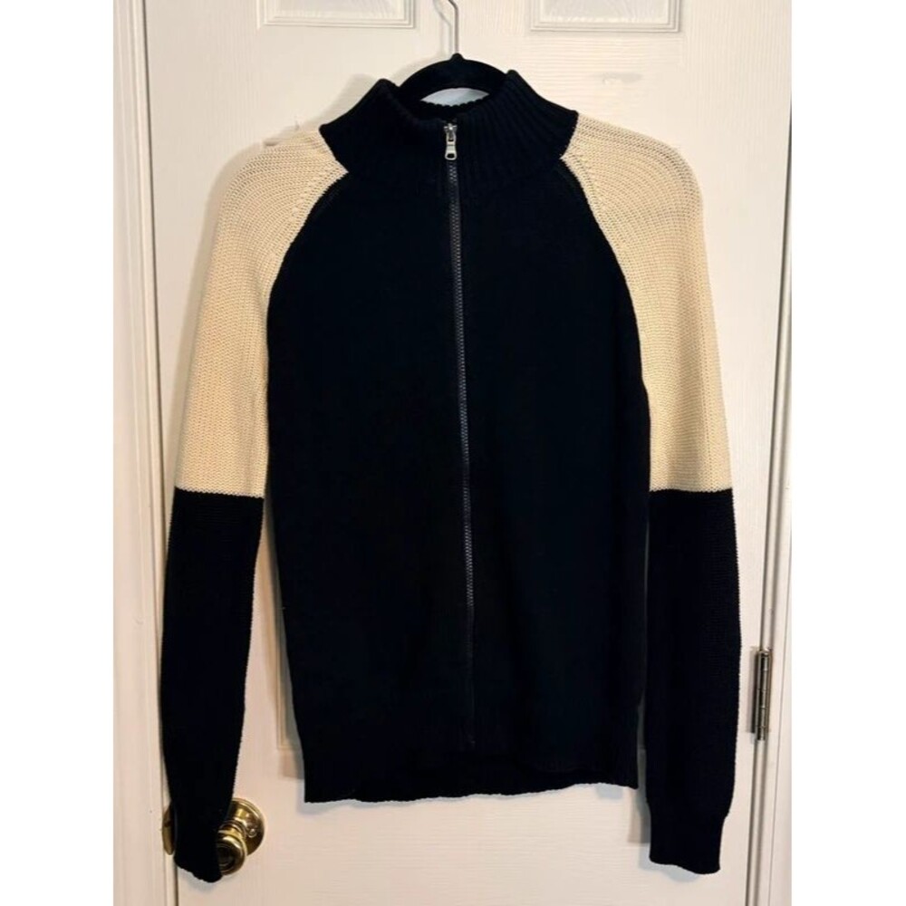 CHAPS 100% Cotton Zip Up Sweater Black Cream Color block Knit Turtleneck M